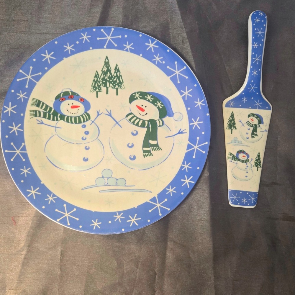 ALCO Industries Ceramic Pie Plate  Server Snowman Christmas Holiday Blue White‎